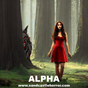 a werewolf hiding behind the tree as his sultry wife in a red dress meets her love