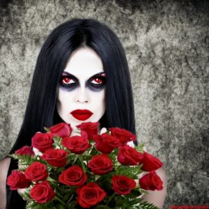 vampiress roxy holding a bouquet of roses