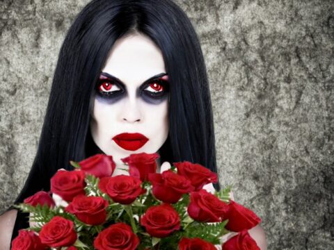 vampiress roxy holding a bouquet of roses
